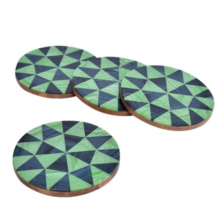 Navy Blue Diamond Round Wooden And Resin Coasters Set of 4